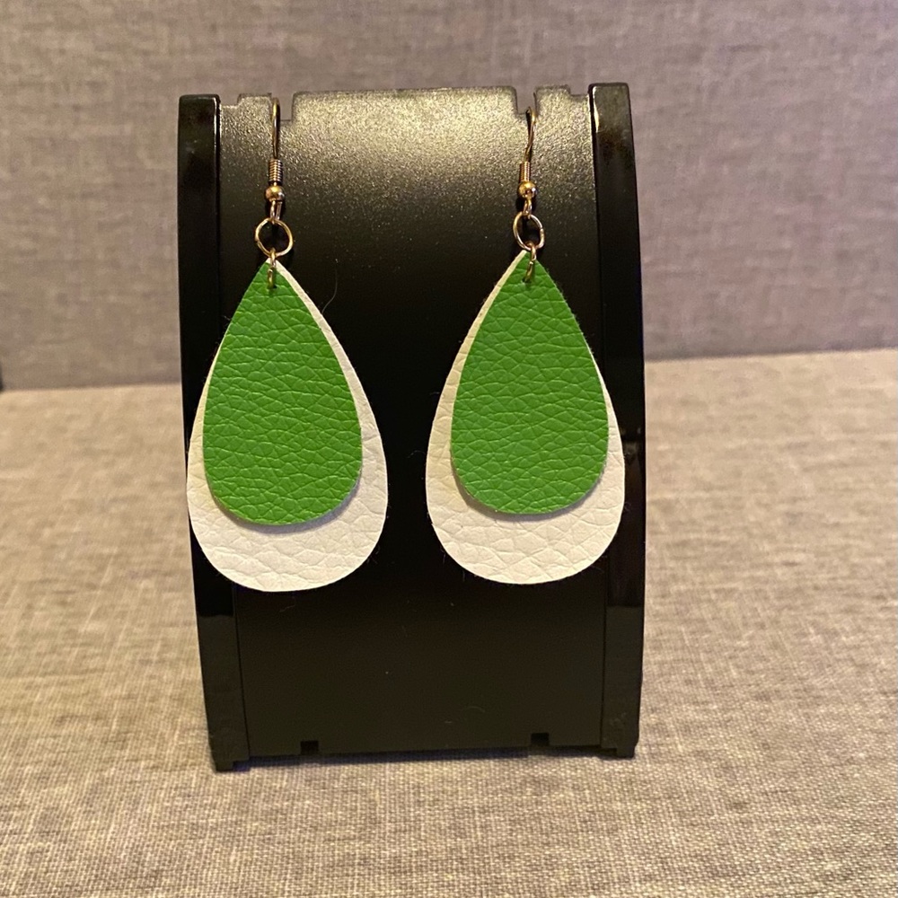 Handmade Faux Leather Earrings- Green & White
